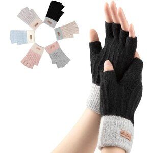 Women's Black Half Finger Fingerless Knitted Fall Winter Warm Mittens Gloves